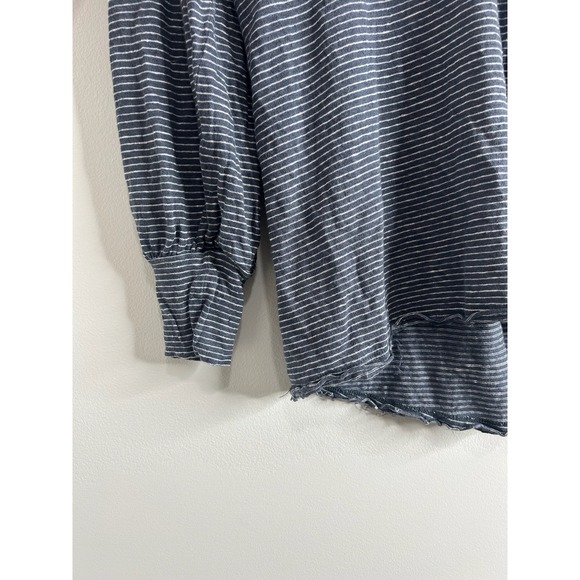 Sundance Womens Large Linen Striped V-Neck Top Navy Blue Crochet Trim Coastal - Picture 4 of 8